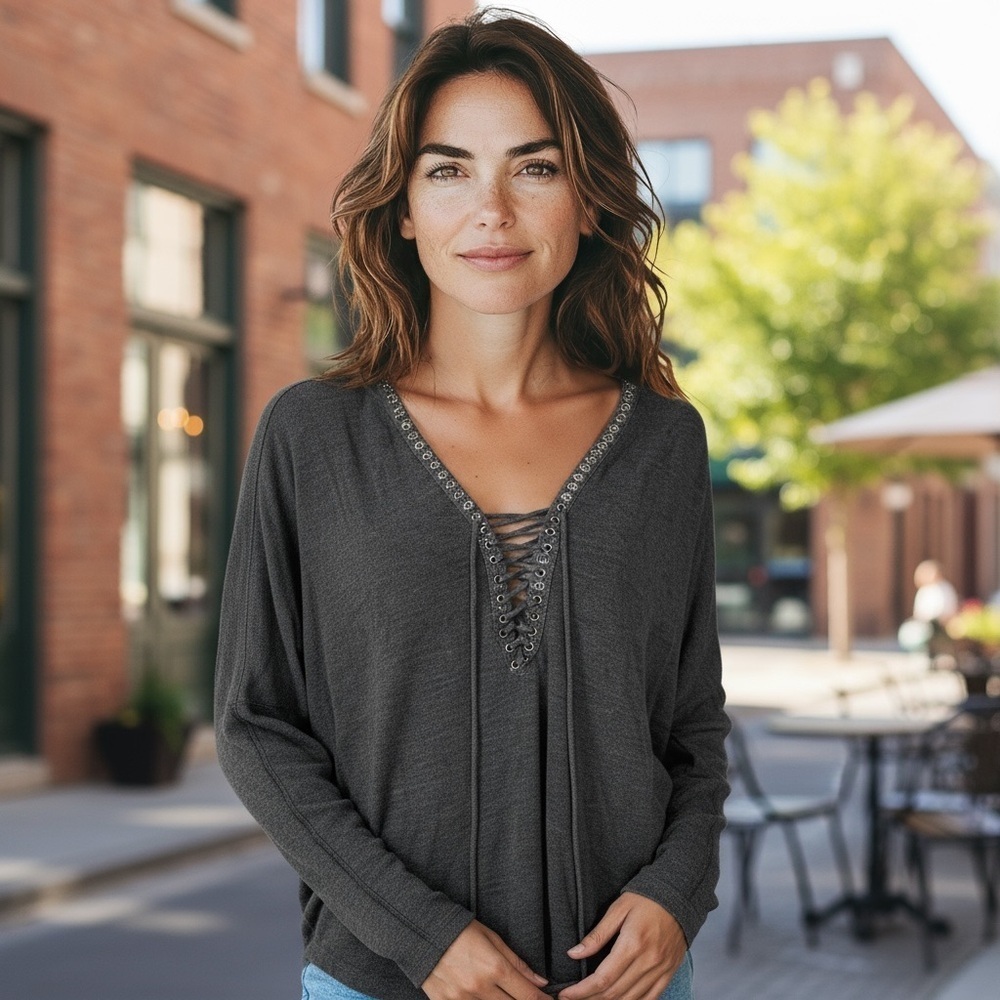 Ariella Grey Long Sleeve Laced Up V Neck Top